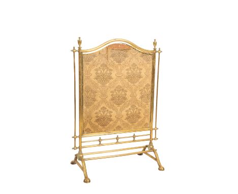 VICTORIAN AESTHETIC MOVEMENT BRASS FIRE SCREEN, late 19th century, the arched Chinoiserie embroidered screen with two urn fin