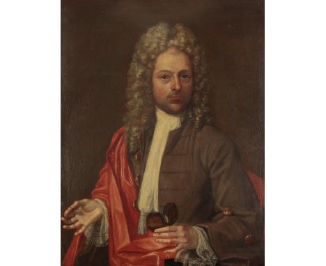ENGLISH SCHOOL, LATE 17TH CENTURY 'The Snufftaker' A half-length portrait of a gentleman wearing a long curled grey wig with 