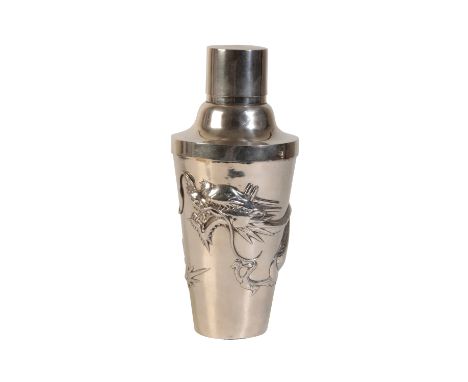 CHINESE SILVER COCKTAIL SHAKER, probably by Woshing, Shanghai, tapering circular form, pull-off cover, the body decorated in 