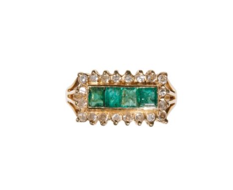 EMERALD AND DIAMOND RING, four princess cut emeralds, surrounded by a border of round-cut diamonds, on a 14k yellow gold shan