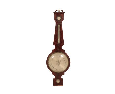 LARGE REGENCY MAHOGANY "BANJO" BAROMETER with a silvered dial, a thermometer, a dry/damp indicator and a level in the base, s