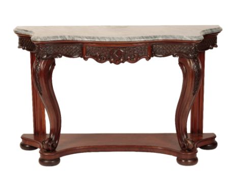 CARVED AND STAINED MAHOGANY AND DOVE GREY MARBLE TOPPED CONSOLE TABLE IN 18TH CENTURY STYLE, 20th century, the serpentine edg