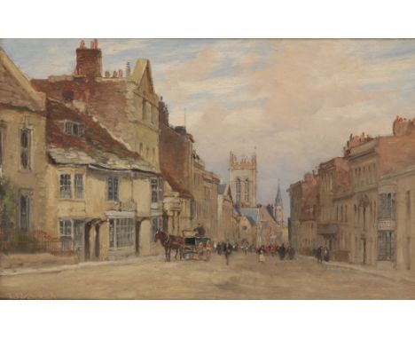 FREDERICK WHITEHEAD (1853-1938) 'Top o' Town, Dorchester' A view down the high street with figures, including the regiment on