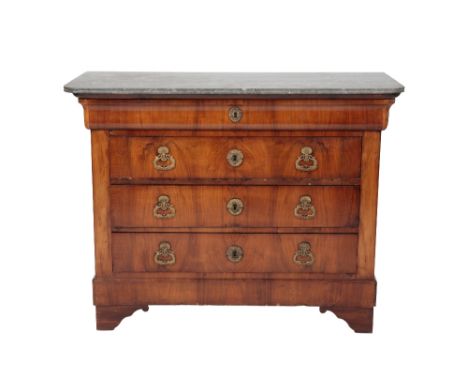LOUIS PHILIPPE MAHOGANY AND MARBLE TOP COMMODE, the grey fossil marble over a cushion drawer and three further drawers, fitte