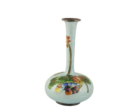 CHINESE SILVER AND CLOISONNE ENAMEL VASE, 20th Century, circular form with long slender neck,decorated with birds and lotus f