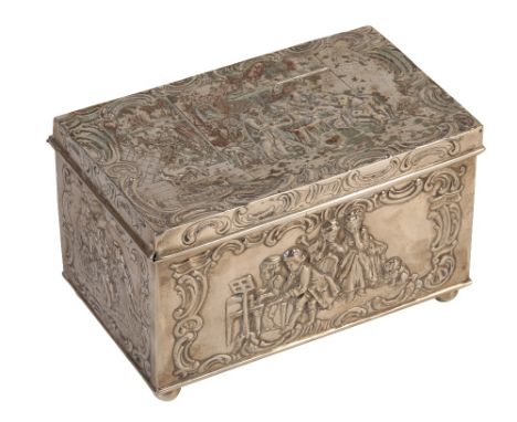 CONTINENTAL SILVER CASKET, probably Dutch, rectangular form, the hinged cover embossed with a tavern scene, gilt-washed inter