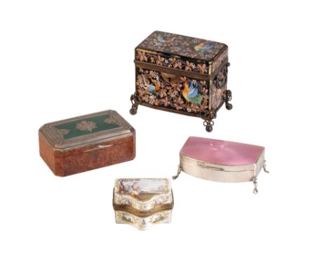 CONTINENTAL SILVER AND ENAMAL MOUNTED BURRWOOD BOX, CIRCA 1900, 12cm wide; together with a MOSER BLACK GLASS AND ENAMEL CASKE