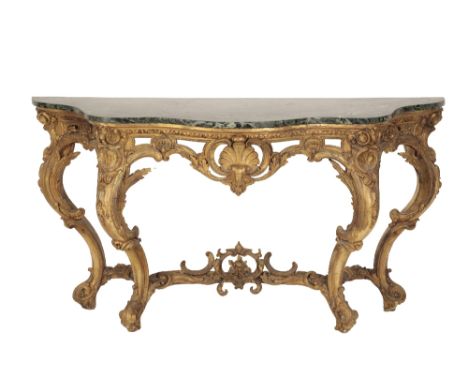 CONTINENTAL, PROBABLY ITALIAN, GILTWOOD AND COMPOSITION AND MARBLE TOPPED CONSOLE TABLE, in 18th century taste, late 19th cen