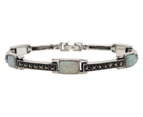 Silver opal and marcasite link bracelet, stamped 925 - Condition Report Length = 18.5cm