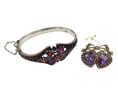 Edwardian gold amethyst and split pearl, double heart design brooch, stamped 9ct and a Victorian silver bohemian garnet hinge
