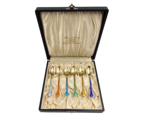 Set of six early 20th century Norwegian silver and guilloche enamel coffee spoons by Nils Erik Elvik, retailed by Sev .Dalbye