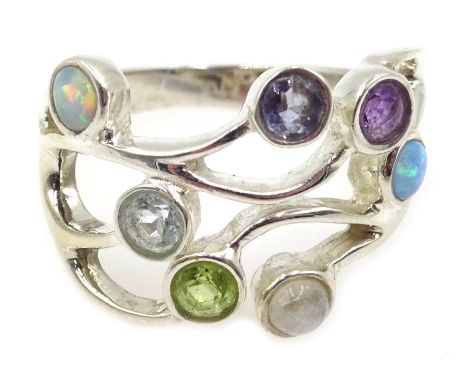 Silver multi-gem set ring, including amethyst, peridot, opal and moonstone, stamped 925 - Condition Report Size Q