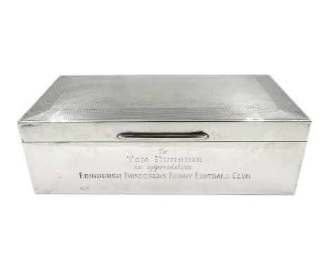 Silver rectangular presentation cigarette box, engine turned decoration by  Walker &amp; Hall, Birmingham 1959 - Condition Re