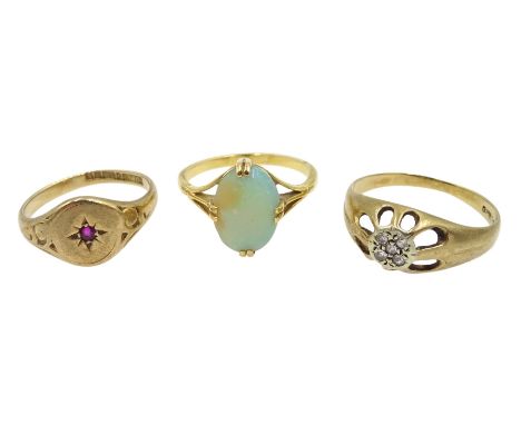 18ct gold single stone opal ring, gold single stone ruby ring and gold diamond ring, both hallmarked 9ct  - Condition Report 