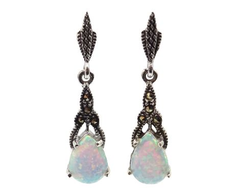 Pair of silver opal and marcasite pendant earrings, stamped 925 - Condition Report Length = 30mm 