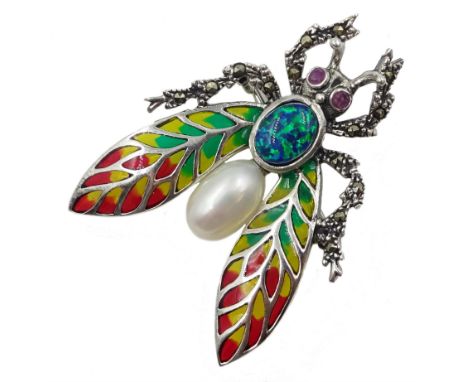 Silver plique-a- jour, pearl, opal and marcasite bug brooch, stamped 925  - Condition Report 