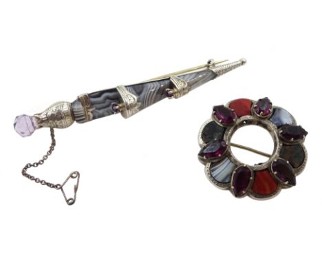 Edwardian Scottish silver dirk kilt pin by Adie &amp; Lovekin Ltd, Birmingham and a Scottish silver circular hardstone brooch