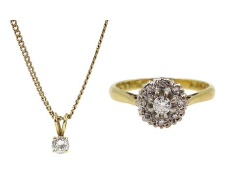 18ct gold diamond cluster ring, London 1973 and an 18ct gold diamond single stone pendant, diamond approx 0.15 carat on 9ct g