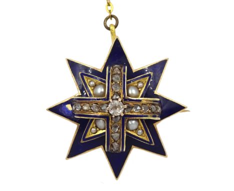 Victorian 15ct gold blue enamel, diamond and split pearl star brooch - Condition Report Approx 8.2gm, tested to 15ct, diamete