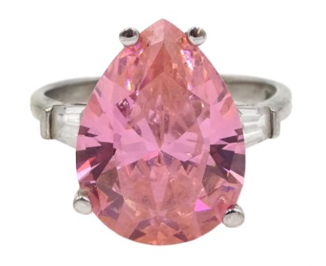 White gold pear shaped pink stone and cubic zirconia ring, stamped 14K - Condition Report Approx 6.4gm, size Q-R, pink stone 