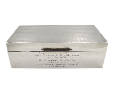 Silver cigarette box, engine turned decoration by William Neale &amp; Son, Birmingham 1926, incribed 'From the Society of Yor