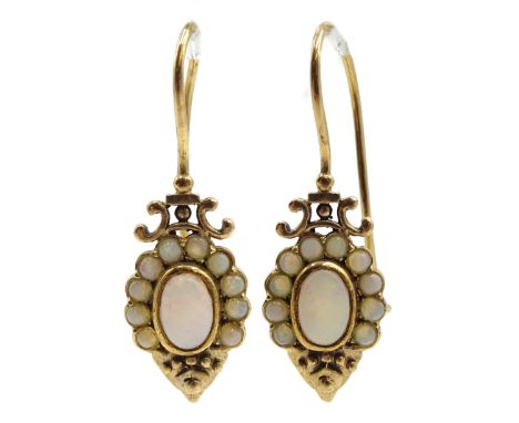 Pair of 9ct gold opal pendant earrings, stamped 375 - Condition Report Approx 2.7gm, length = 30mm 