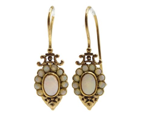 Pair of 9ct gold opal pendant earrings, stamped 375 - Condition Report Approx 2.7gm, length = 30mm 