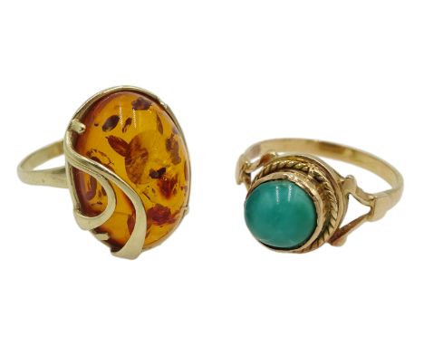 Polish 14ct gold oval Balic amber ring, hallmarked and an 18ct single stone turquoise ring   - Condition Report Amber ring ap