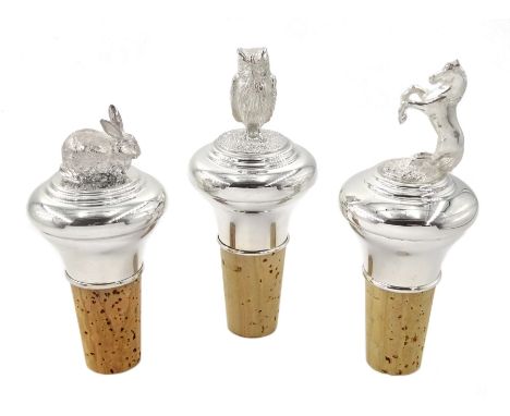 Silver bottle stoppers in the form of a rearing horse, a rabbit and an owl by L R Watson Birmingham 2007-2013 boxed (3) - Con