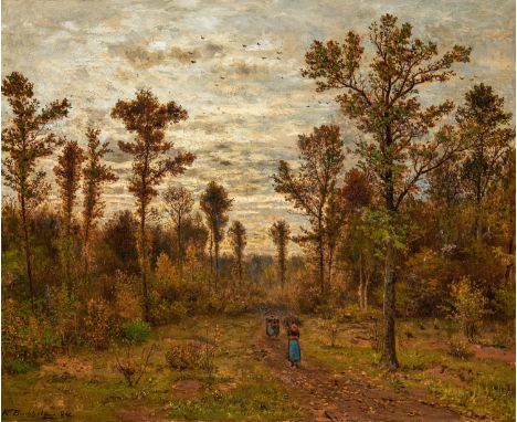 BUCHHOLZ, KARL1849 Schloßvippach/ Weimar - 1889 OberweimarTitel: "Herbst-Abend". Reisigsammler im Wald. Datierung: 1884. Tech