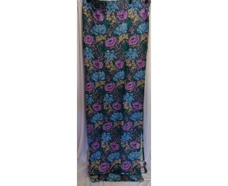 A pair of Arthur Sanderson curtains, William Morris 'Chrysanthemum' pattern with a small piece of spare fabric and two tie ba