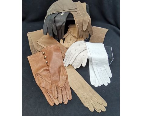 Eleven pairs of leather gloves dating from 1920s, some age deterioration but include a pair of Ralph Lauren Gauntlet leather 