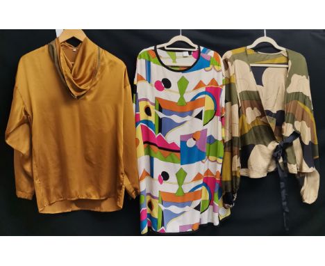 Three silk blouses including harlequinn coloured longer blouse, all loose fitting 