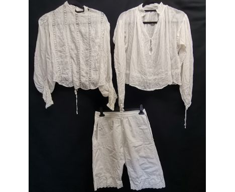 Two Edwardian lawn blouses, the lace blouse has many holes, and a pair of cotton bloomers in good condition 