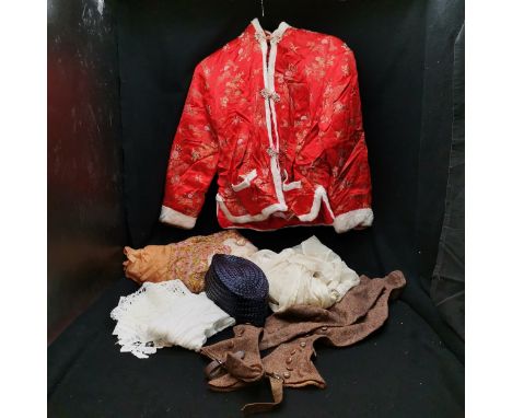 Chinese winter jacket t/w silk shawl, various bits of lace, straw hat and spats. 