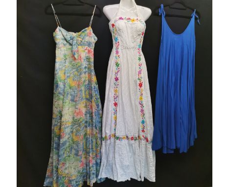 3 1970s sundresses, Holiday print cottonlawn shoestring straps 80cm bust t/w white cotton holterneck with embroidery to front