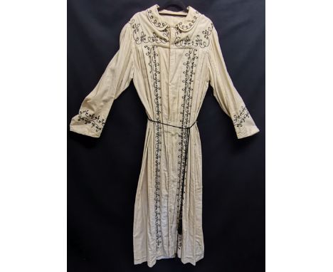 Cotton dress with tie and hand embroidered to front and collar, age marks to the front loose fitting 