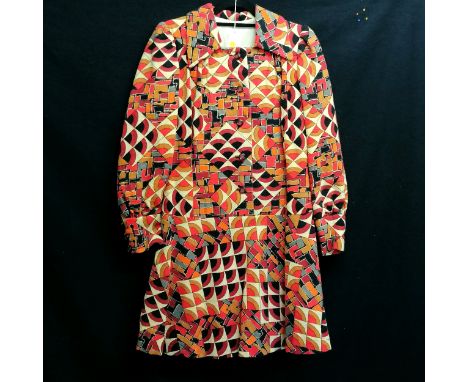 1970's wool mini dress with orange, pink and black abstract print, missing it's belt otherwise in good used condition.