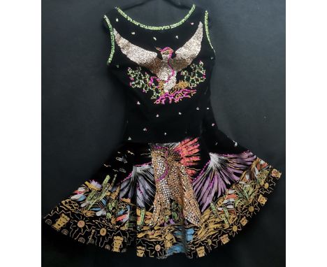 Vintage 1960s velvet Mayan design two piece, embroidered with sequins and painted scenes 90 cm bust, skirt is 60cm waist ,  7