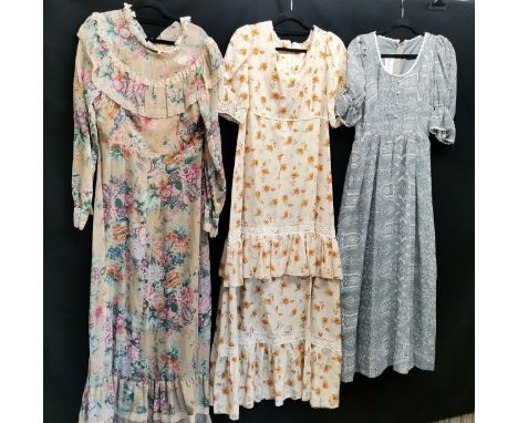 3 long 1960s dresses, Floral with long sleeves trimmed with lace damage to frill by Kati 100cm bust t/w short sleeved cream a