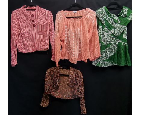 Four vintage blouses, one cut velvet, one red/white stripe with collar,  one apricot gypsy style and a batik green/white patt