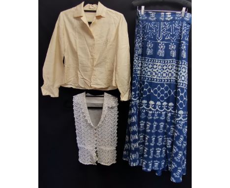 Three vintage garments, one cream silk blouse, 96cm bust, blue/white wrap around skirt t/w a guipure modesty vest, no obvious