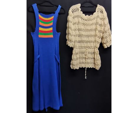 Hand crocheted top 100cm bust, t/w blue knitted pinafore with rainbow panel front  68cm bust both in good condition 