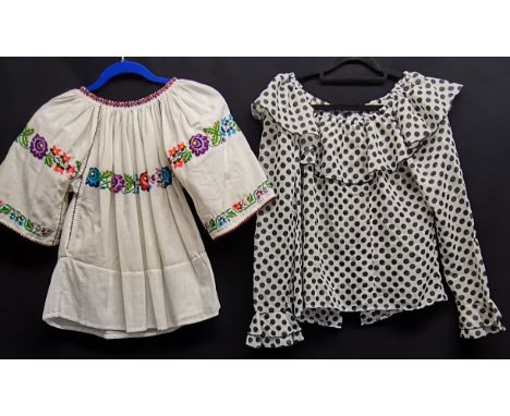 Two gypsy blouses, one spotty polyester 92cm bust, t/w a cotton embroidered blouse 96cm bust in good condition 