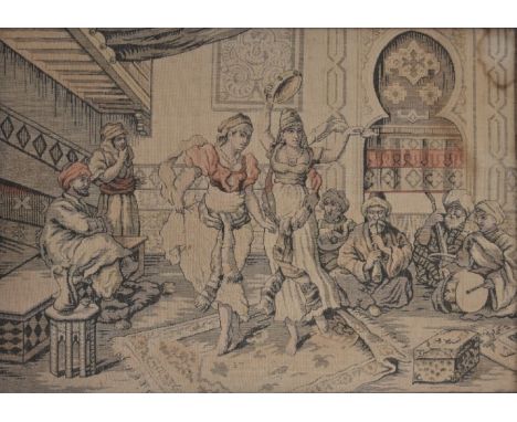 A woven tapestry of two dancing women in a harem. The tapestry is from the late 1900rds, it Is unclearly signed at the bottom