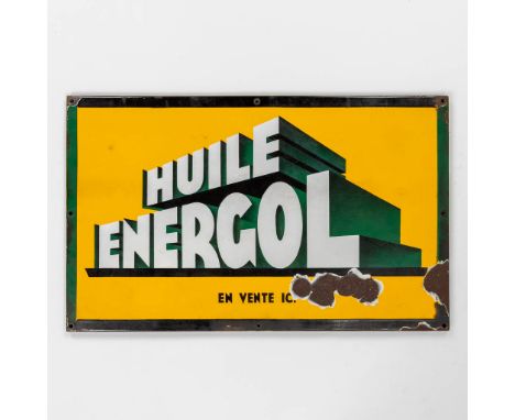 Huile Energol 'En Vente Ici', an enamel plate. Marked S.A. Emaille. Dimensions: (W: 48 x H: 78 cm)