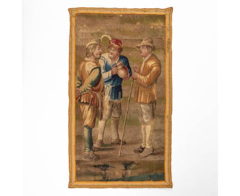 An antique tapestry with images of 3 figurines. 17th/18th century. Dimensions: (W: 60 x H: 105 cm)