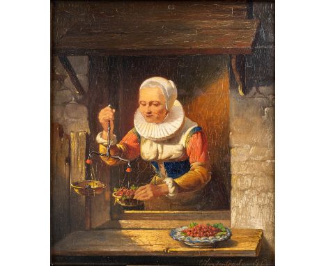 After Casimir VAN DEN DAELE (1818-1880) 'Lady with a Scale' oil on panel. 1843Dimensions: (W: 22 x H: 25 cm)