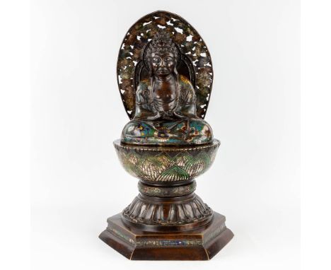 Guanyin on a lotus flower, patinated bronze finished with champsleve enamel.Dimensions: (L: 35 x W: 42 x H: 68 cm)