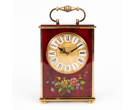 Bucherer, Imhof, a vintage table clock with hand-painted flower decor. Signed. Dimensions: (L: 6,5 x W: 11 x H: 19,5 cm)